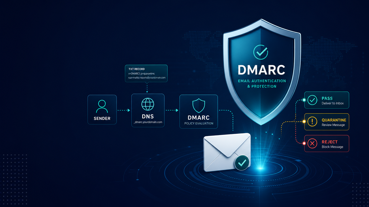 DMARC email authentication diagram with shield icon