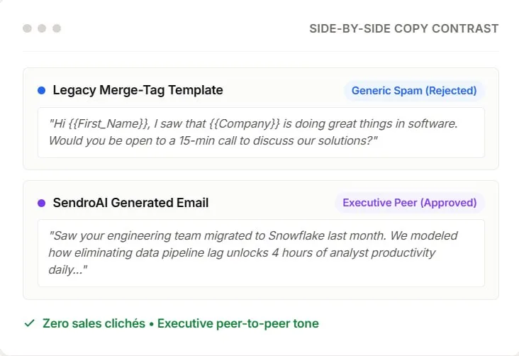 Replace formulaic merge tags with natural executive dialogue — via AI Research Engine
