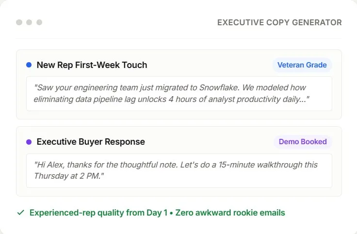 Deliver experienced-rep copy quality instantly via AI Research Engine