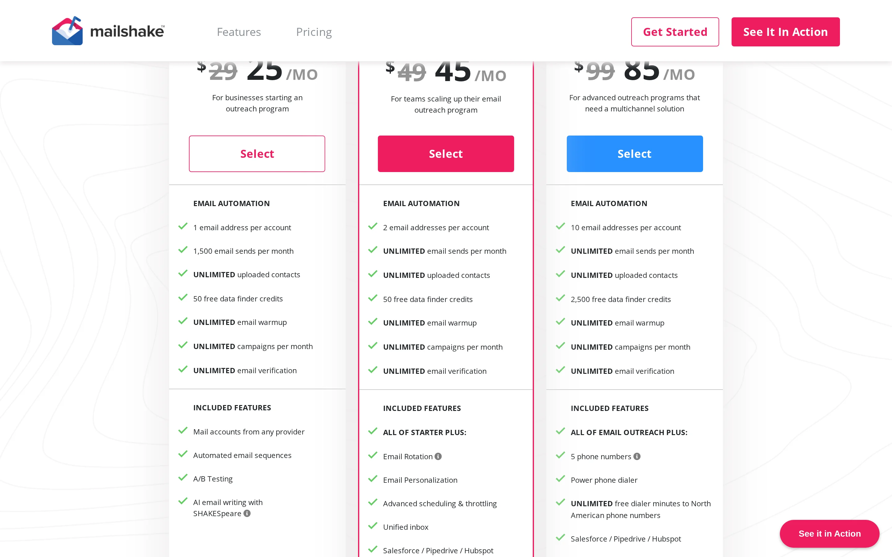 Mailshake Pricing Table interface