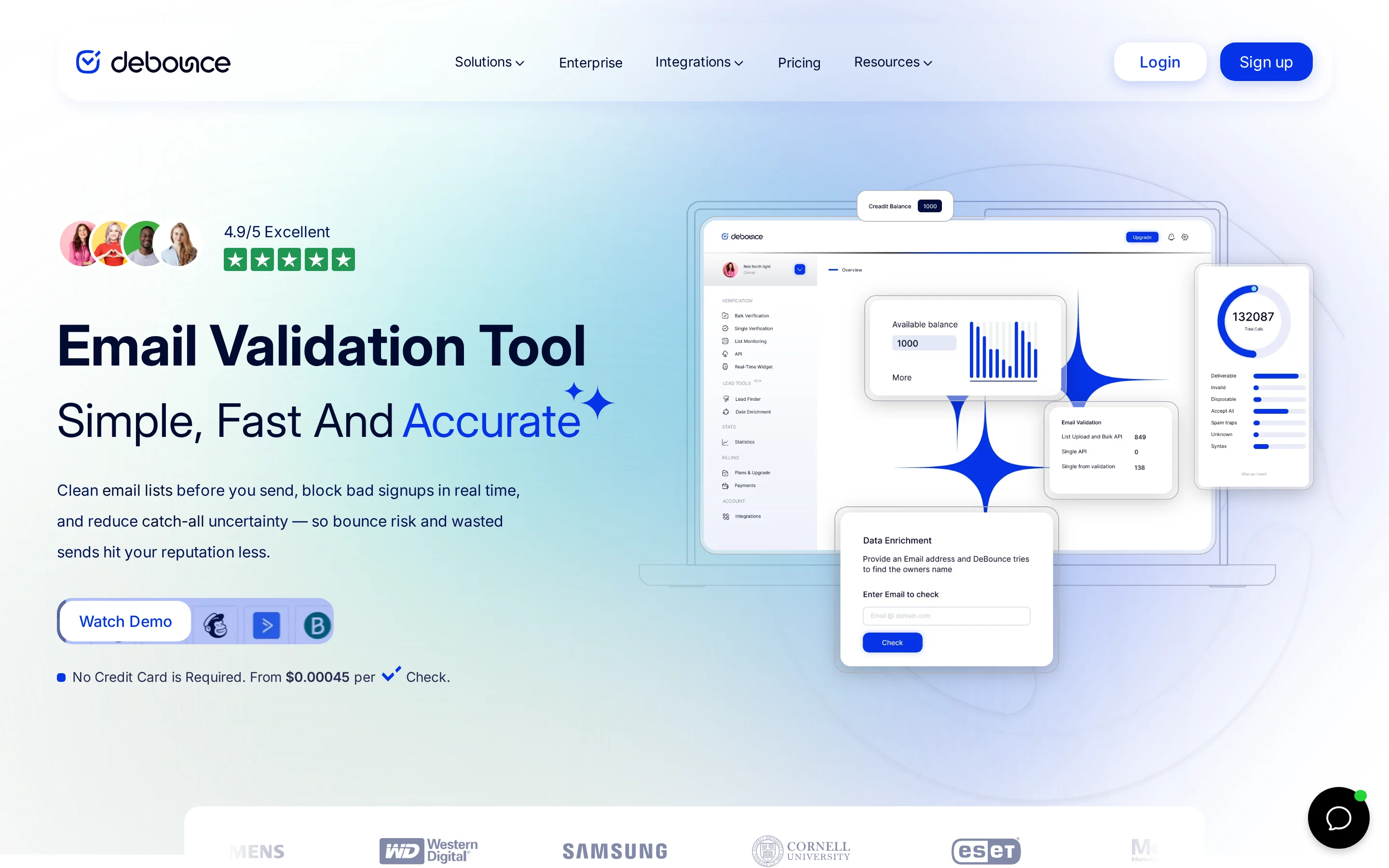 DeBounce Homepage interface