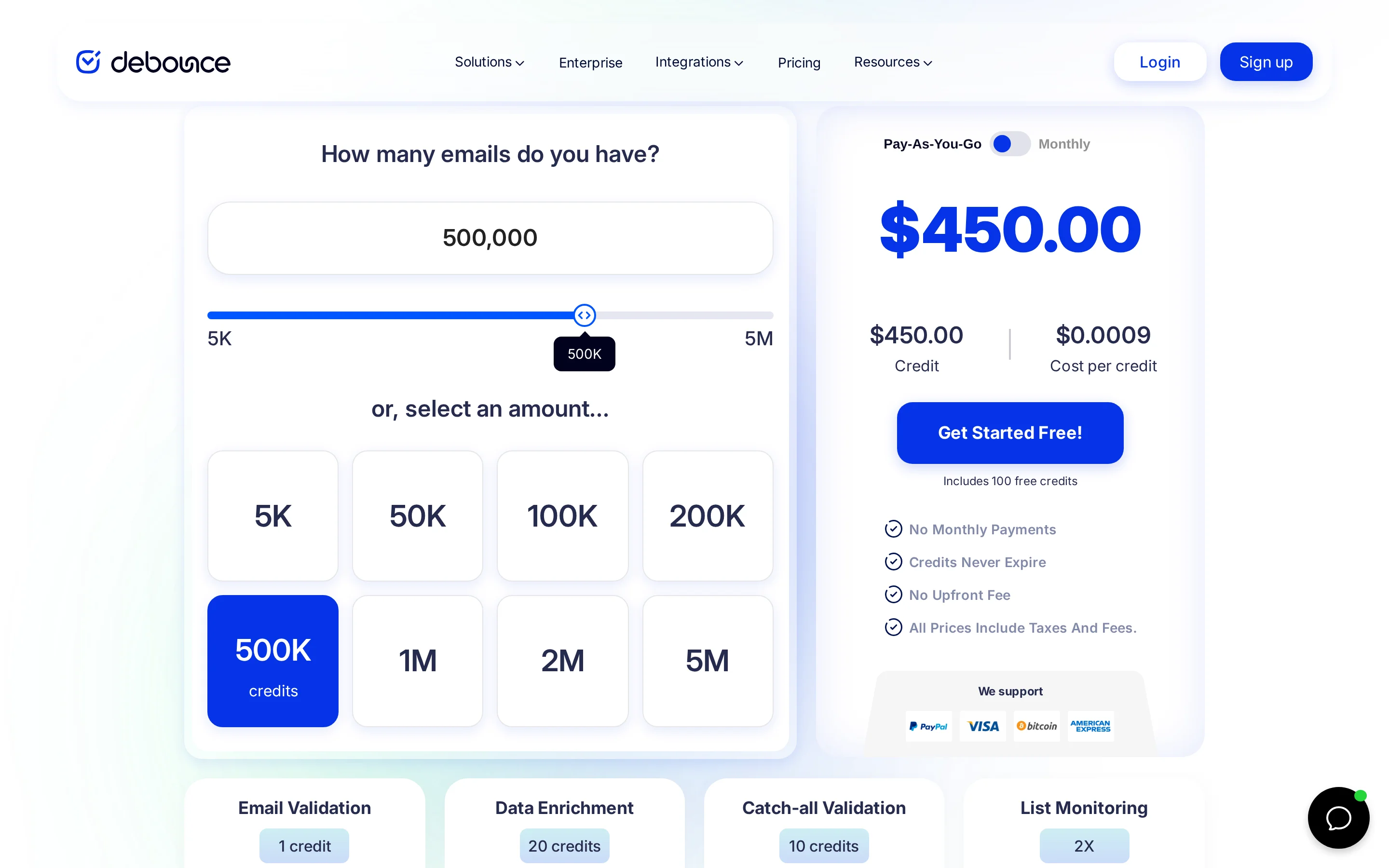 DeBounce Pricing Table interface