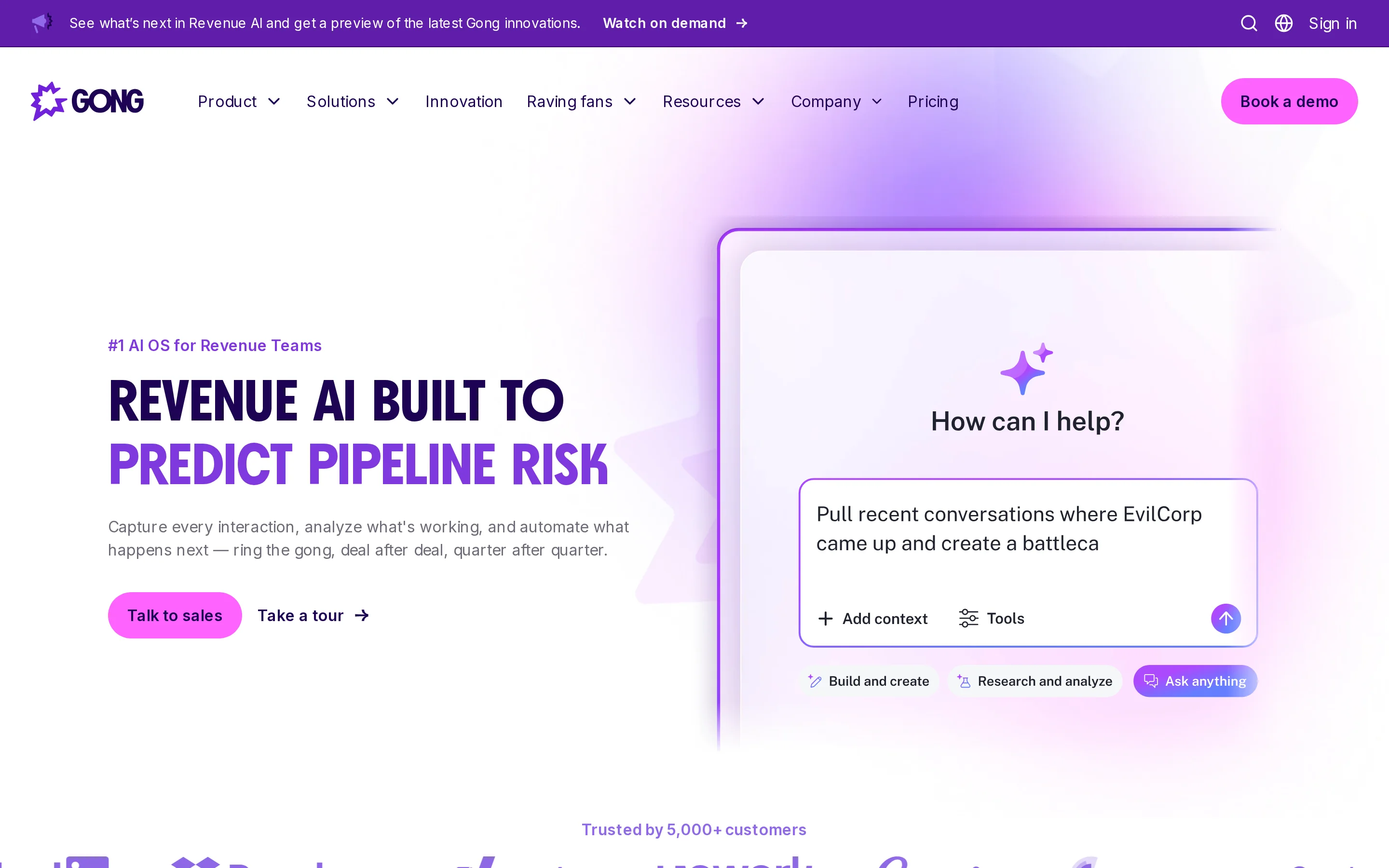 Gong.io Homepage interface