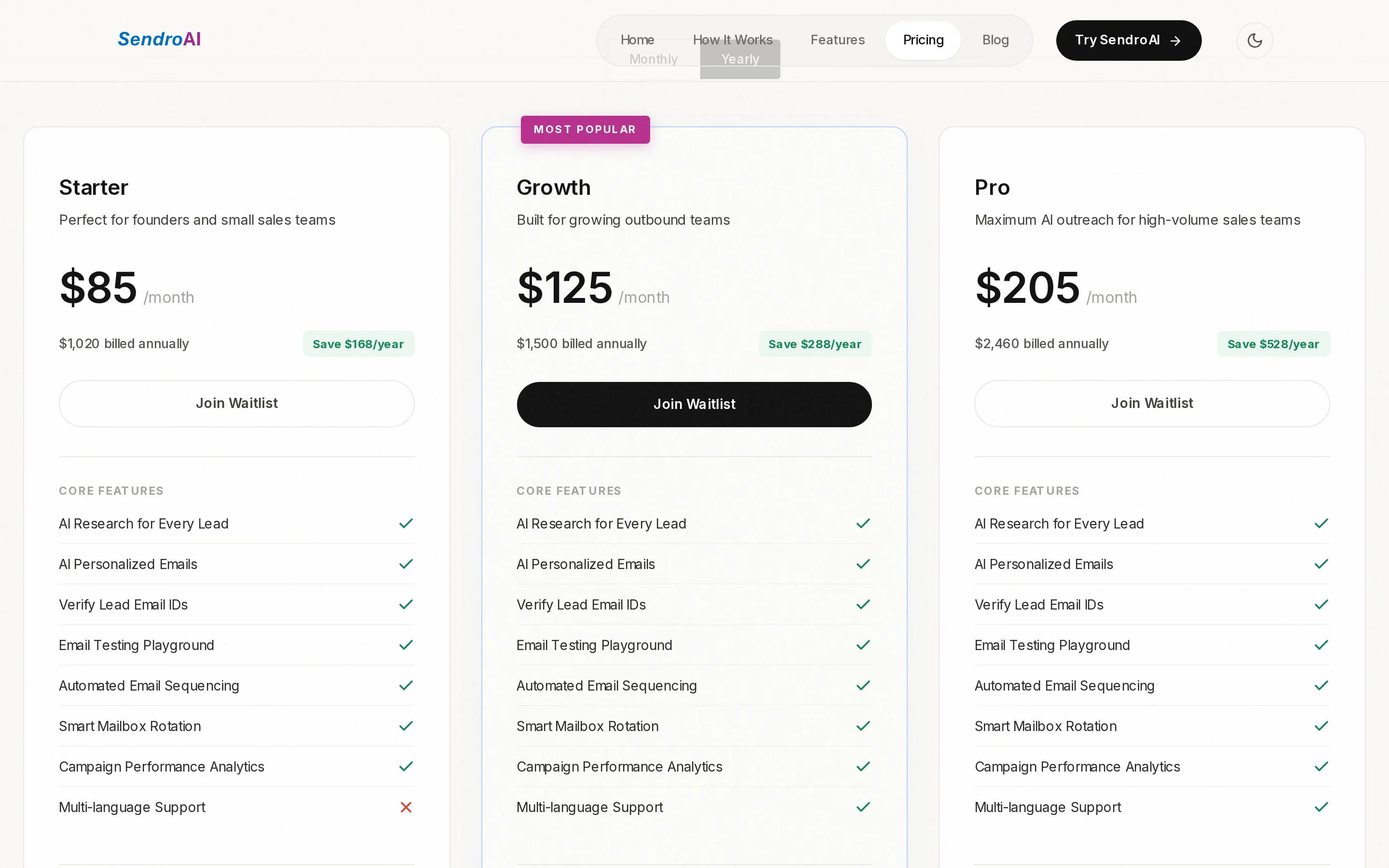 SendroAI Pricing Table interface
