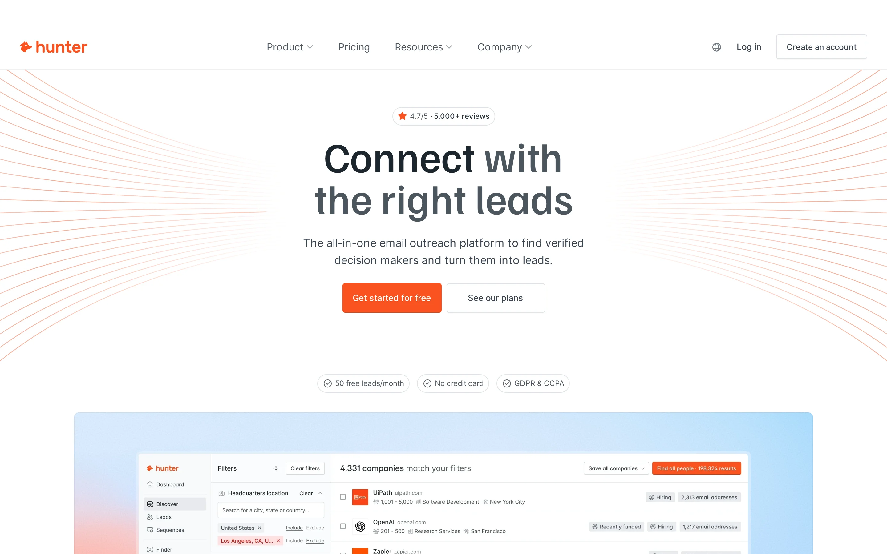 Hunter.io Homepage interface