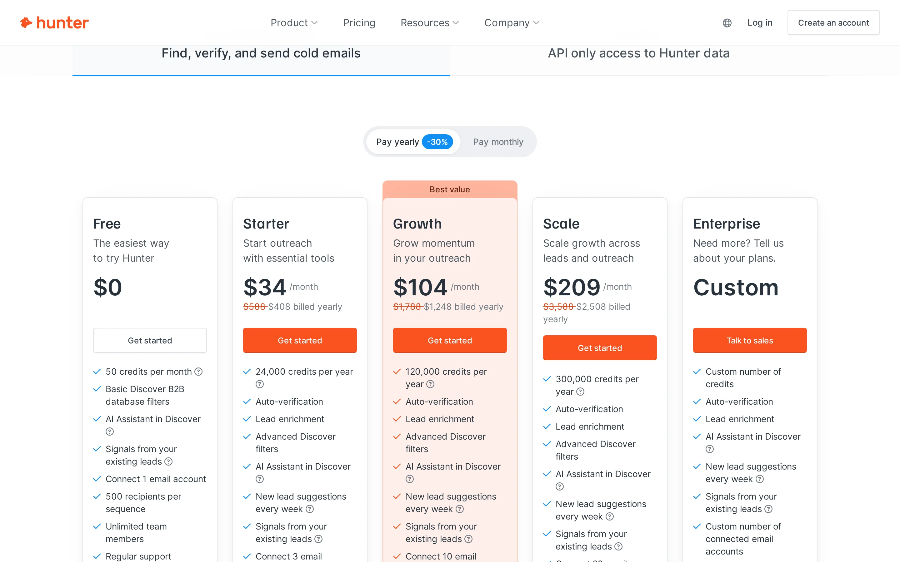 Hunter.io Pricing Table interface