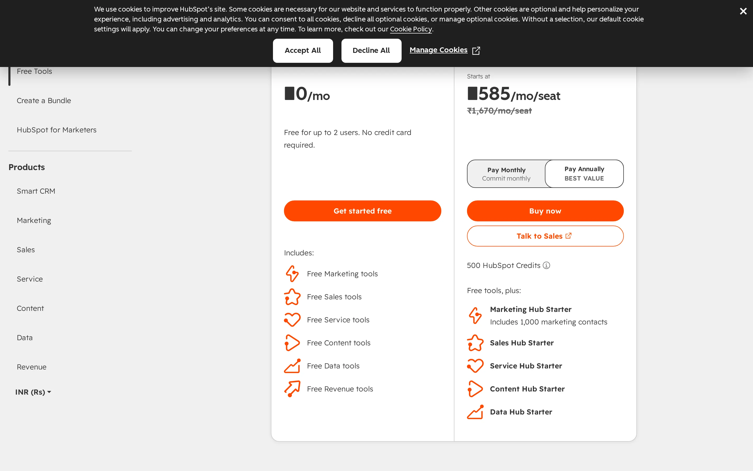 HubSpot Pricing Table interface