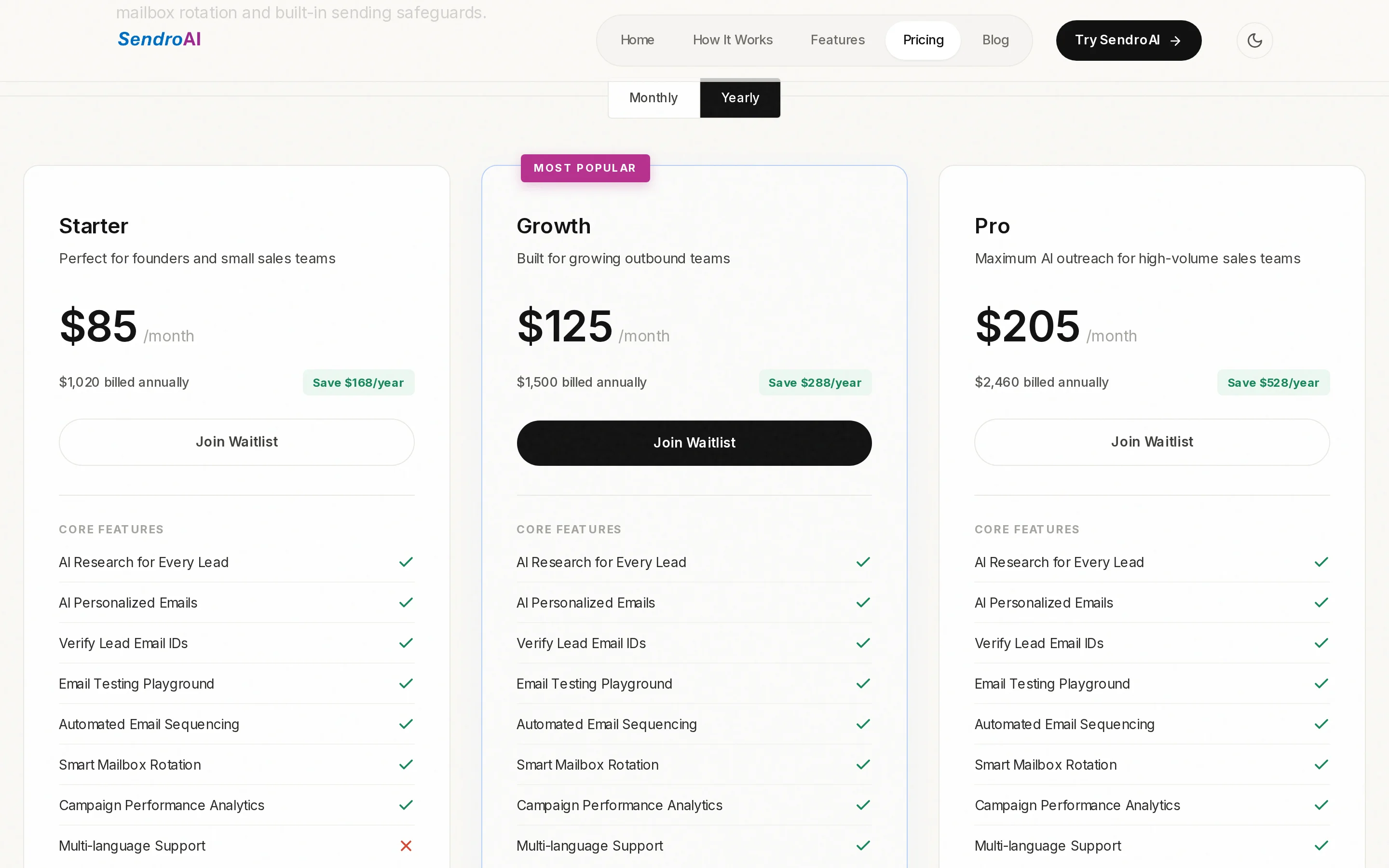 SendroAI Pricing Table interface